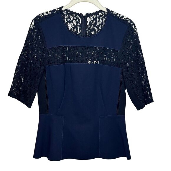Rebecca Taylor Peplum Top Size 4 Navy Blue Black Lace - Picture 1 of 9